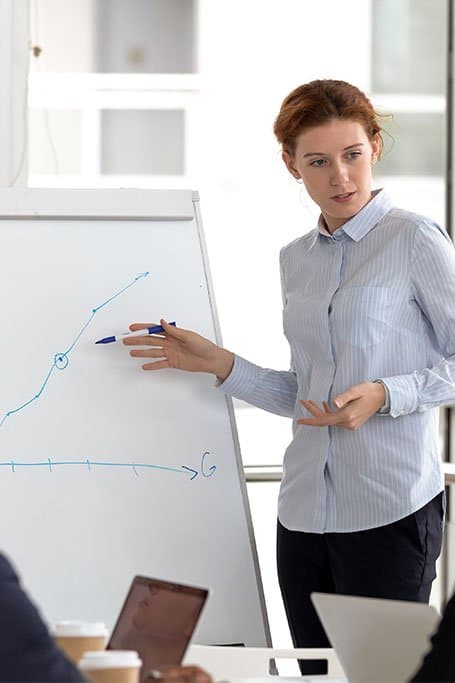 mujer explicando gráfico en pizarra